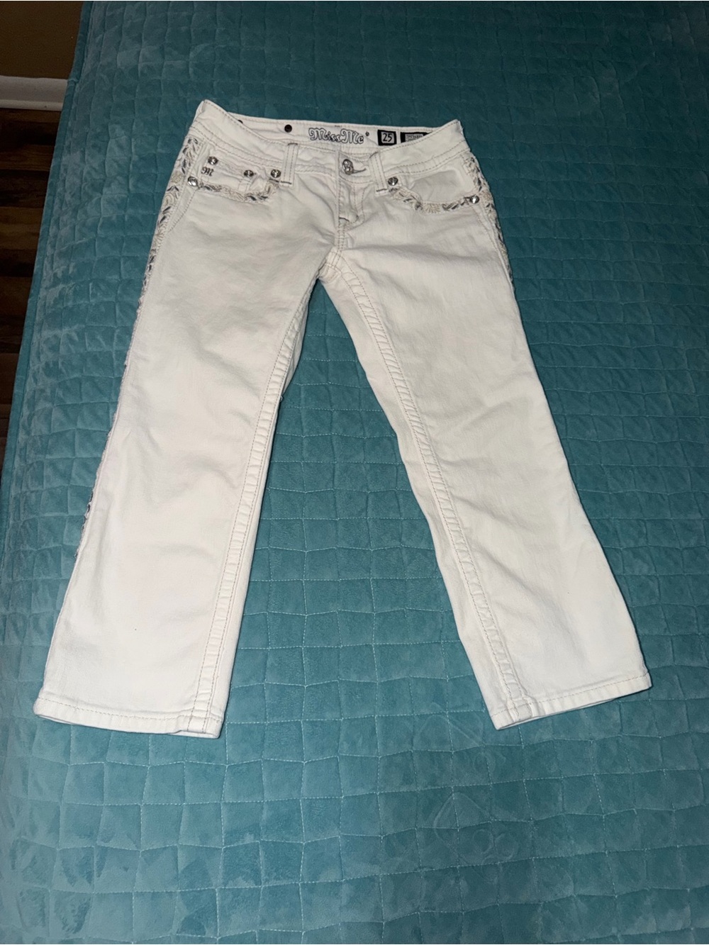 Miss Me White Bootcut Jeans with Embellished Pockets